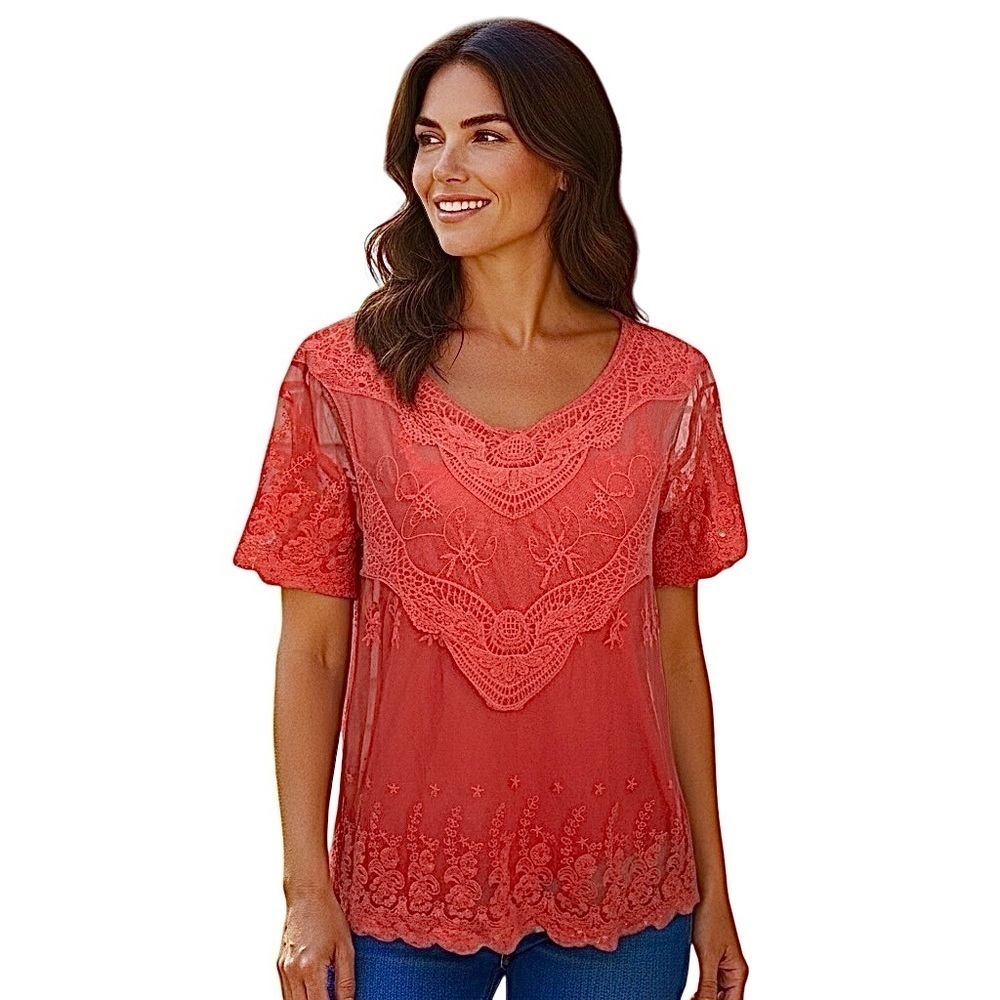 Sfera Coral Sheer Lace Embroidered Short Sleeve Top M